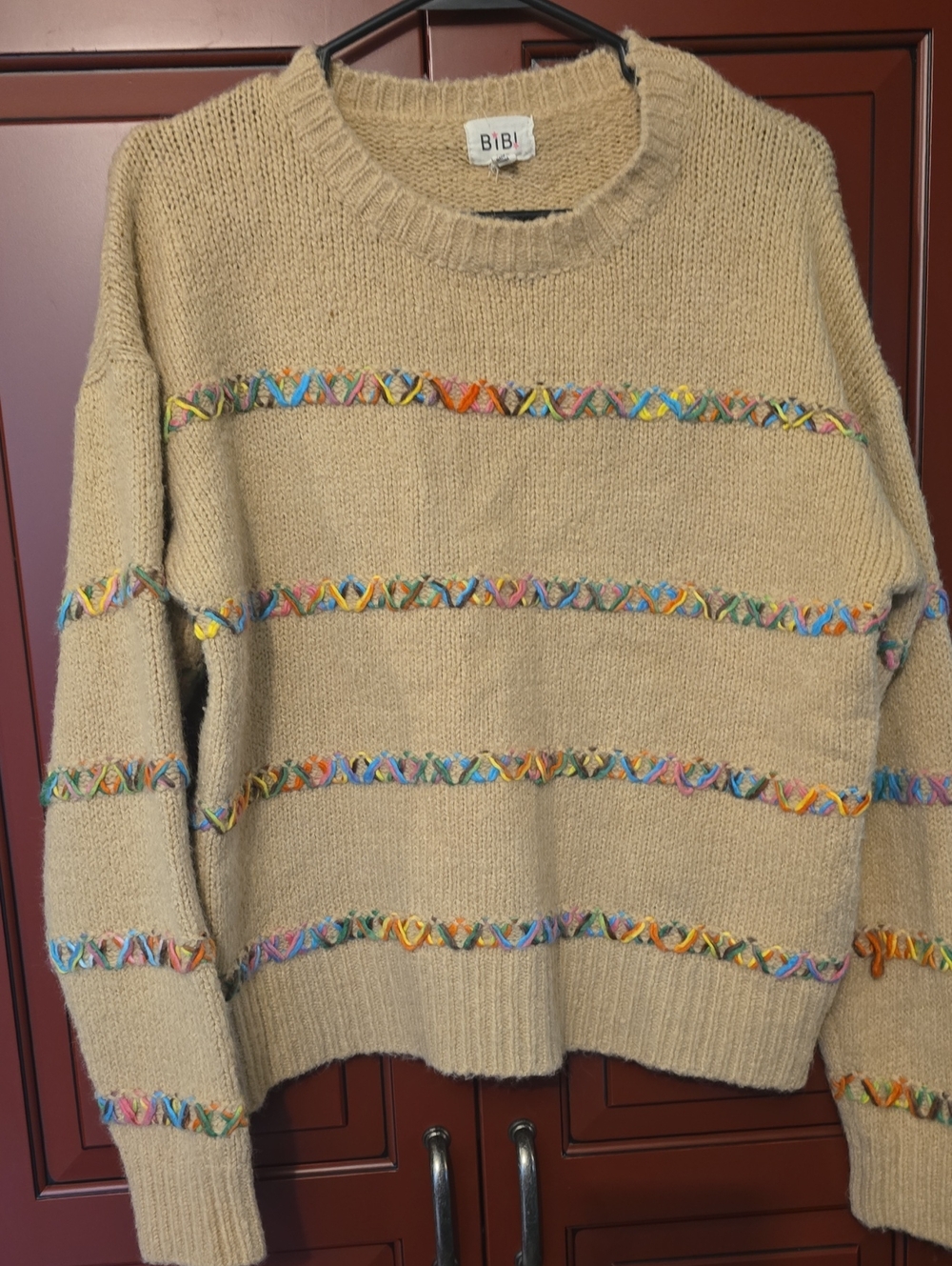 BiBi Beige Crewneck Sweater with Rainbow Braided Stripes
